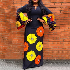 African Loose Women Plus Size Flare Sleeve Floral Print A-Line Dress Long Maxi Female Dresses Robe Vestiods Elegant 2019