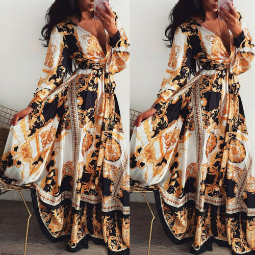 Women Boho Wrap Summer Long Dress Holiday Maxi Loose Sundress Floral Print V-neck Long Sleeve Elegante Dresses Cocktail Party