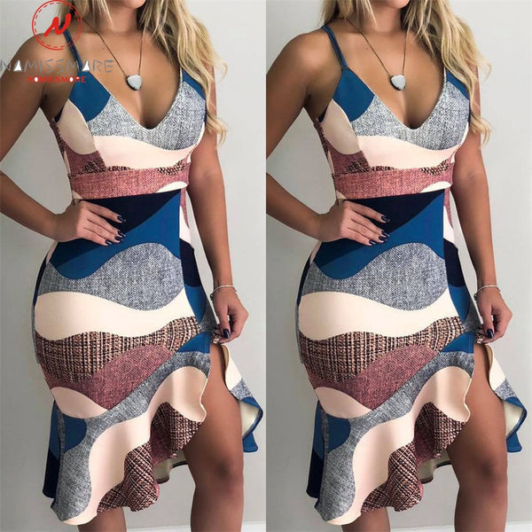 Women Streetwear Trumpet Dress Patchwork Design Ruffles Decor V-Neck Sling Print Asymmetrical Dress Elegant Lady Slim Hips Dress