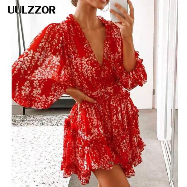 women dresses Sexy v-neck backless dress printed Elegant lantern sleeve ruffle dresses summer holiday mini dress Vestido 2020