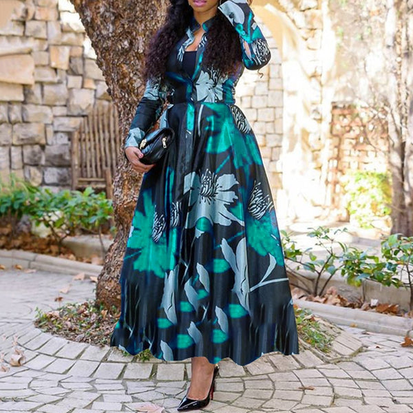 Women Vintage Floral Printed Long Sleeve Autumn Dress Retro Plus Size Office Maxi Vestidos Elegant Ladies Party Long Shirt Dress