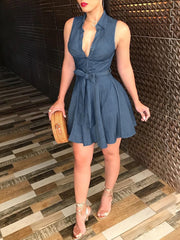 Women Sleeveless Denim deep V neck dress women summer mini Blue Dress Belted Party Short Mini Dress summer clothes