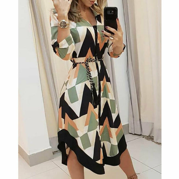 Women's long dress geometric pattern V-neck color matching shirt with belt