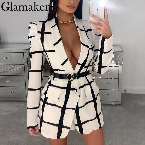 Glamaker Plaid deep v neck sexy blazer women autumn long sleeve white office ladies