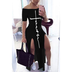Letter Pattern Off Shoulder Split Maxi Dress Women Fall Winter 2020 Short Sleeve Sheath Casual Fashion Sexy