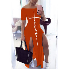 Letter Pattern Off Shoulder Split Maxi Dress Women Fall Winter 2020 Short Sleeve Sheath Casual Fashion Sexy