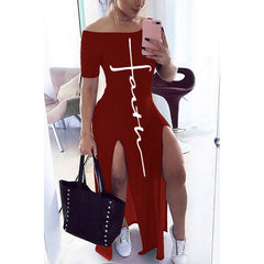 Letter Pattern Off Shoulder Split Maxi Dress Women Fall Winter 2020 Short Sleeve Sheath Casual Fashion Sexy