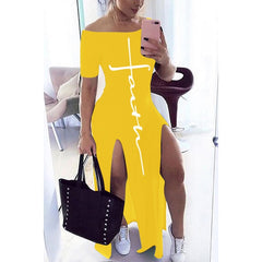 Letter Pattern Off Shoulder Split Maxi Dress Women Fall Winter 2020 Short Sleeve Sheath Casual Fashion Sexy
