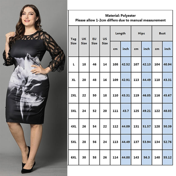 L-6XL Plus Size Dress Ladies Casual Lace 3/4Sleeve Openwork Elegant Dresses Women Spring Fall White Rose Print Black Dress D30