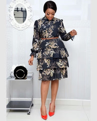 Women Printed Dresses Long Sleeves Bowtie Cake Dress Female Ruffles Pleated Africn Fashion Lovely Date Sweet Vestidos Plus Size