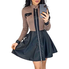 Fashion Dresses Women Lace Long Sleeve Zipper Pocket Large Hem Faux Leather Mini Dress Party elegant slim Sexy Women Dress