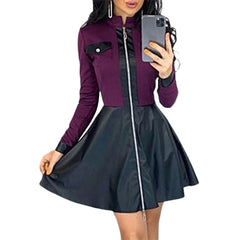 Fashion Dresses Women Lace Long Sleeve Zipper Pocket Large Hem Faux Leather Mini Dress Party elegant slim Sexy Women Dress