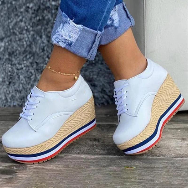 Vulcanize Shoes Women Sneakers Ladies Solid Color Wedge Thick Shoes Round Toe Lace-Up Comfortable Platform Sneakers 2021 Fashion