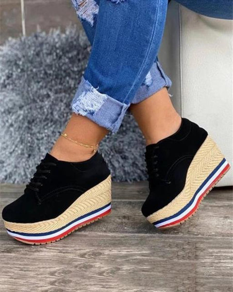 Vulcanize Shoes Women Sneakers Ladies Solid Color Wedge Thick Shoes Round Toe Lace-Up Comfortable Platform Sneakers 2021 Fashion