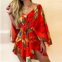 2021 Summer Women Elegant Dresses Sexy V Neck Lace-up Floral Print Mini Dress Casual Flared Sleeves Irregular Ladies Party Dress