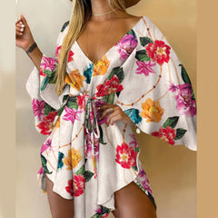 2021 Summer Women Elegant Dresses Sexy V Neck Lace-up Floral Print Mini Dress Casual Flared Sleeves Irregular Ladies Party Dress