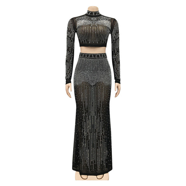 Kricesseen Sexy Mesh Hot Drilling See Through Skirt Set Women Crystal Long Sleeve Top And Maxi Skirt Suits Clubwear Outfits