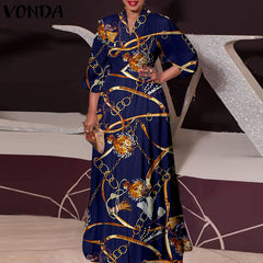 VONDA Women Long Maxi Dress 2022 Vintage Leopard Printed Sexy Lantern Sleeve Bohemian Vestidos Oversized Summer Party Sundress