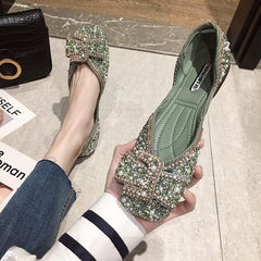 Women Ballet Flats 2021 Bling Crystal Diamond Dress Ladies Bow Sequins Single Shoes Rhinestone Glitter Square Toe Plus Size 43