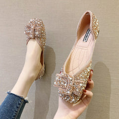 Women Ballet Flats 2021 Bling Crystal Diamond Dress Ladies Bow Sequins Single Shoes Rhinestone Glitter Square Toe Plus Size 43