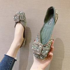 Women Ballet Flats 2021 Bling Crystal Diamond Dress Ladies Bow Sequins Single Shoes Rhinestone Glitter Square Toe Plus Size 43