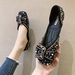 Women Ballet Flats 2021 Bling Crystal Diamond Dress Ladies Bow Sequins Single Shoes Rhinestone Glitter Square Toe Plus Size 43