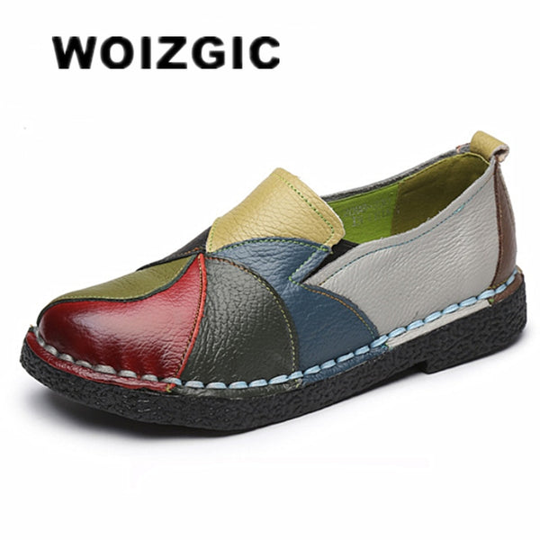 WOIZGIC Women&#39;s Ladies Female Woman Mother Shoes Flats Genuine Leather Loafers Mixed Colorful Non Slip On Plus Size 35-42