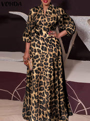 VONDA Women Long Maxi Dress 2022 Vintage Leopard Printed Sexy Lantern Sleeve Bohemian Vestidos Oversized Summer Party Sundress